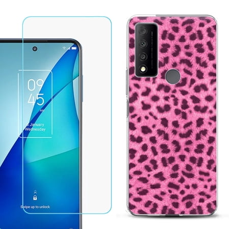 Slim-Fit Gel TPU Phone Case for TCL 4X 5G with Tempered Glass Screen Protector by OneToughShield ® - Cheetah Pink