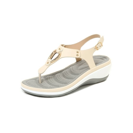 

Woobling Womens Casual Shoes Buckle Wedge Sandals Beach Thong Sandal Women Platform Shoe Mid Heel T-strap Comfort Apricot 6.5