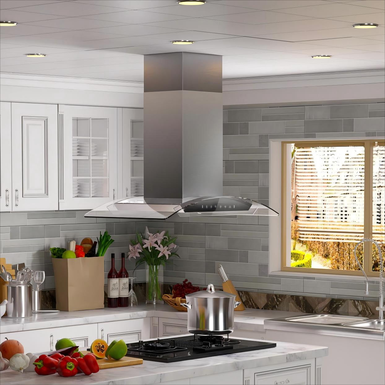 VIKIO 30 Inch Island Range Hood 900 CFM Stainless Steel Curved Glass Kitchen Vent Hood with Gesture Control Dual Side Touch Panel 4 LED Lights ETL Certified