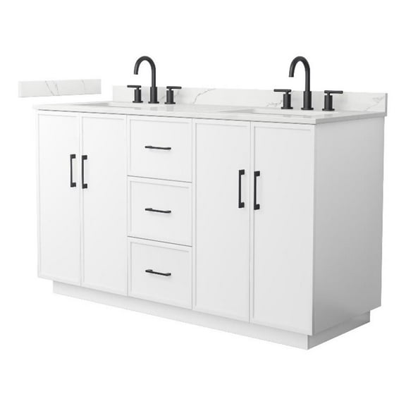 Elan TK 60" White Double Vanity & Giotto Quartz Top (3-Hole) & Black Trim