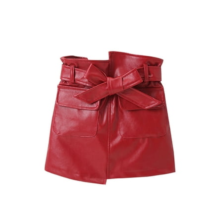 

Musuos Baby Girl PU Leather Bowknot Waist Belt A-line Mini Skirts with Front Pockets
