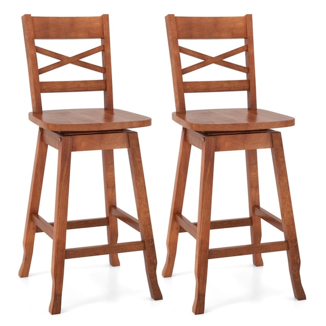 Costway 2 PCS 24" Counter Height Stool Rubber Wood Swivel Bar Stool with Inclined Backrest Walnut