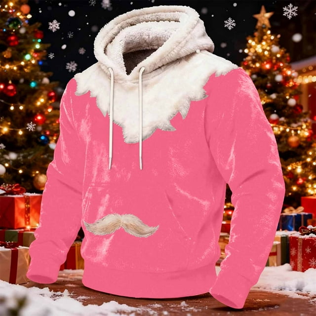 Ceisia Cozy Fleece-Lined Mens Loose Fit Santa Style Color Block Hooded Sweatshirt Gifts