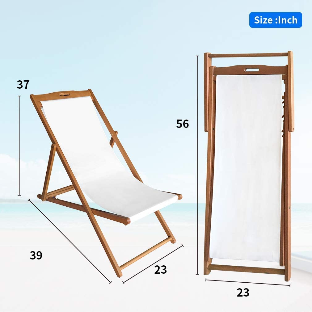 Adjustable Beach Sling Chair Set of 2 Folding Patio Lounge Chairs for Outside Solid Eucalyptus Wood Frame with White Polyester, Weight Capacity 352lbs - image 4 of 7