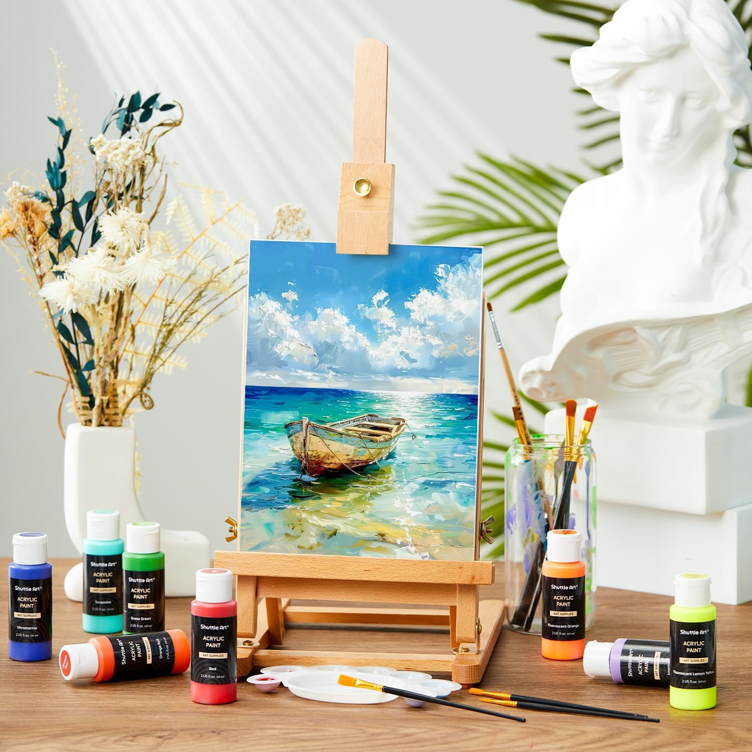 Shuttle Art Acrylic Paint, 42 Colors Acrylic Paint Set with 12 Paint Brushes, 2oz/60ml Bottles, Rich Pigmented, Water Proof, Premium Paints for Artists, Beginners