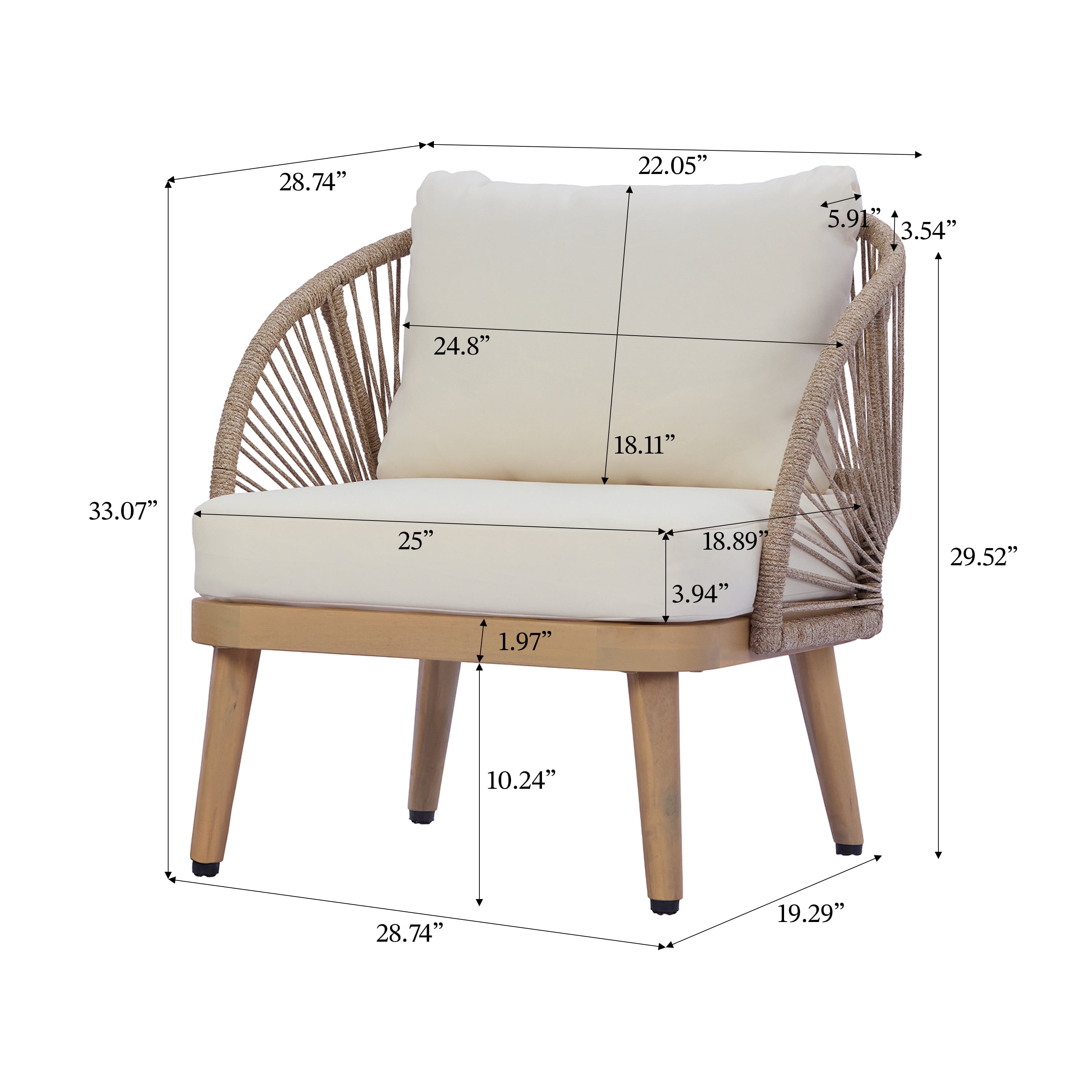Tub Style Club Chair, Acacia Wood Outdoor Chair with Handwoven Rope Accents for Patio, Teak and Cream