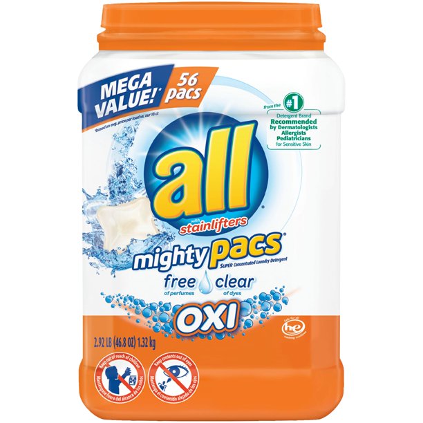 all Mighty Pacs Laundry Detergent with OXI Stain Removers and Whiteners
