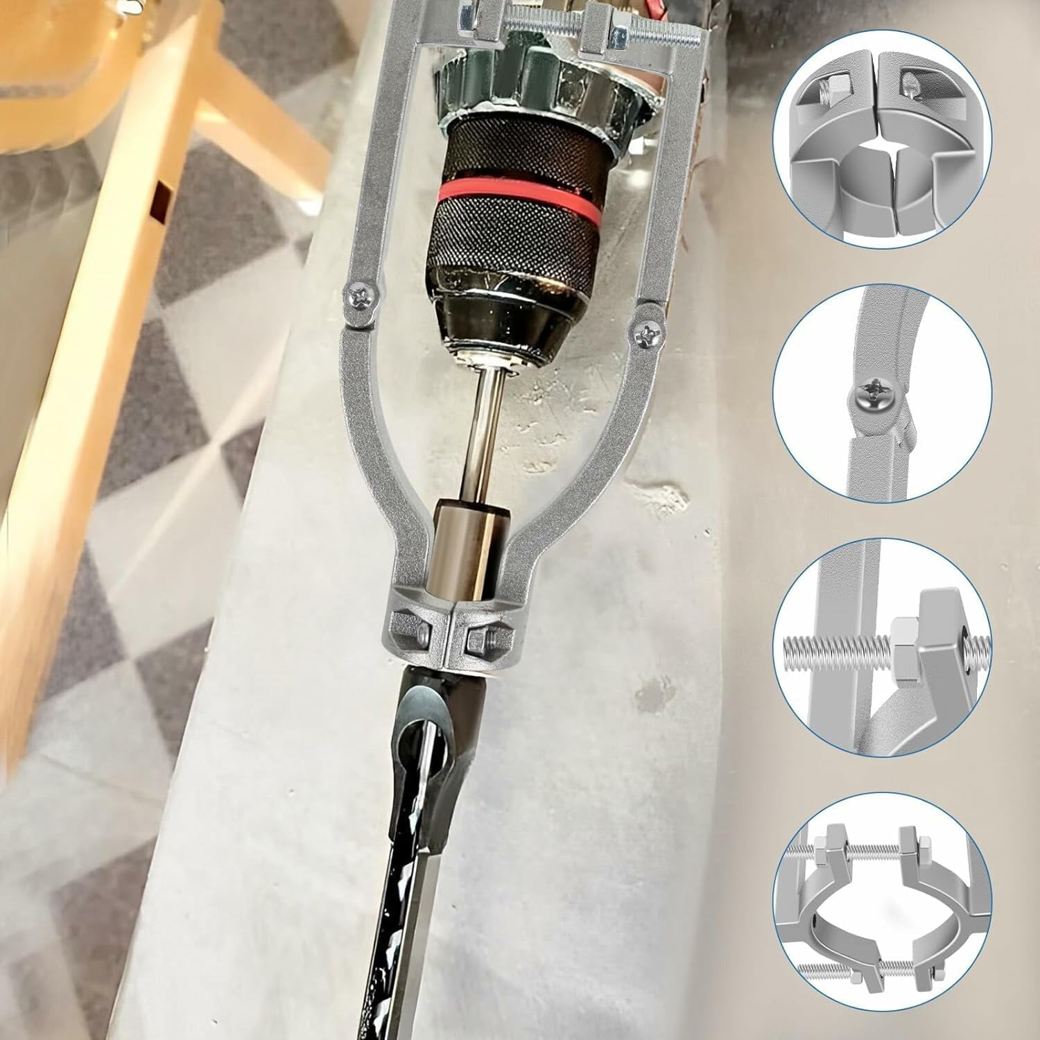 Carbide Square Hole Drill Bit Adapter Kit with 4 Bits and Fixing Bracket for Woodworking Mortising