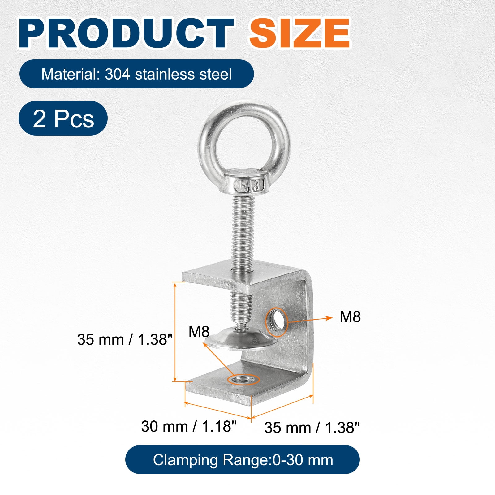 Uxcell2 Pcs 304 Stainless Steel C Clamps 45mm Square Mini Tiger Clamp Adjustable Heavy Duty Metal U Clip with Eye Hook Screw for Woodworking Welding Mounting, Silver