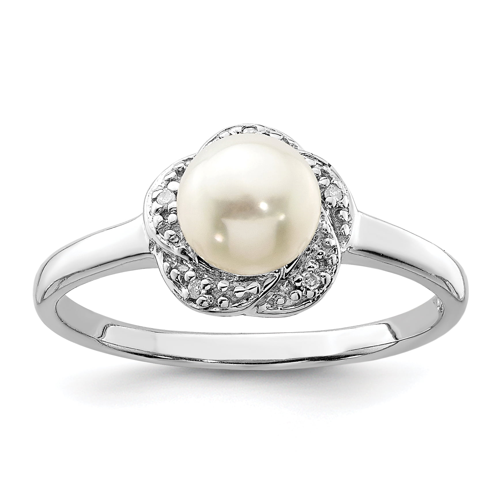 IceCarats® Designer Jewelry Sterling Silver Rhodium Freshwater Cultured Button Pearl And Diamond Ring IceCarats® Designer Jewelry Sterling Silver Rhodium Freshwater Cultured Button Pearl And Diamond Ring