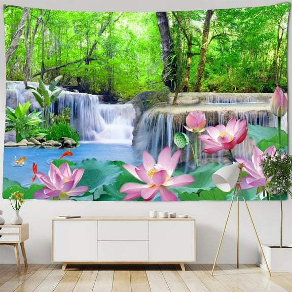 Beautiful natural landscape lotus flowers printed large wall tapestry waterfall hippie tap