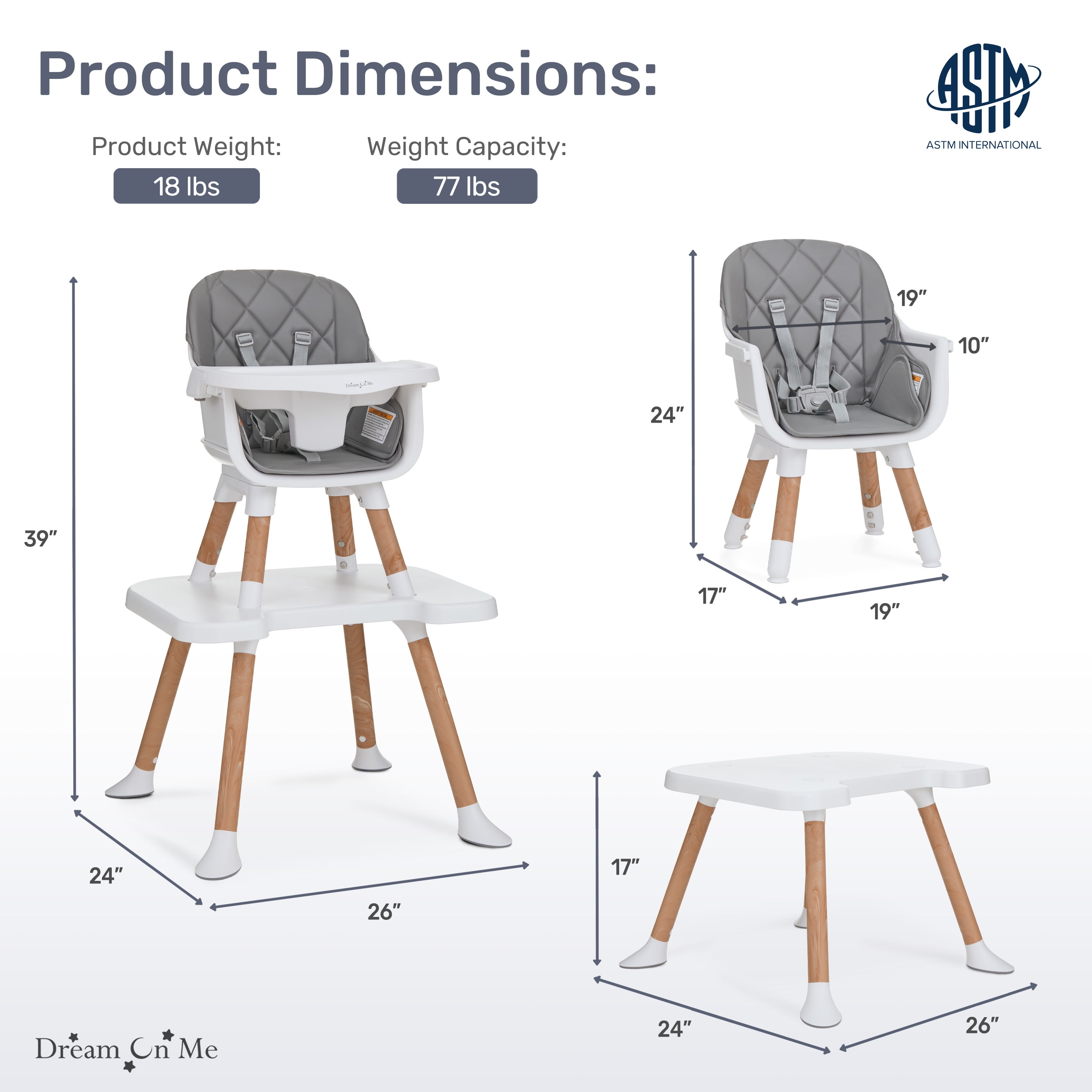 Dream On Me Luna 4-in-1 Convertible Baby High Chair in Cool Gray, Transforms into Booster, Toddler Seat & Table Set, Adjustable and Removable Tray Portable High Chair