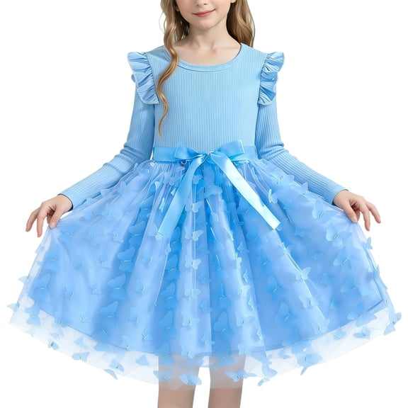StSilkitty Tulle Dress for Girls Lightweight Long Sleeve Crew Neck Bowknot Mesh A-Line Dresses Fall Knit Casual Outfits