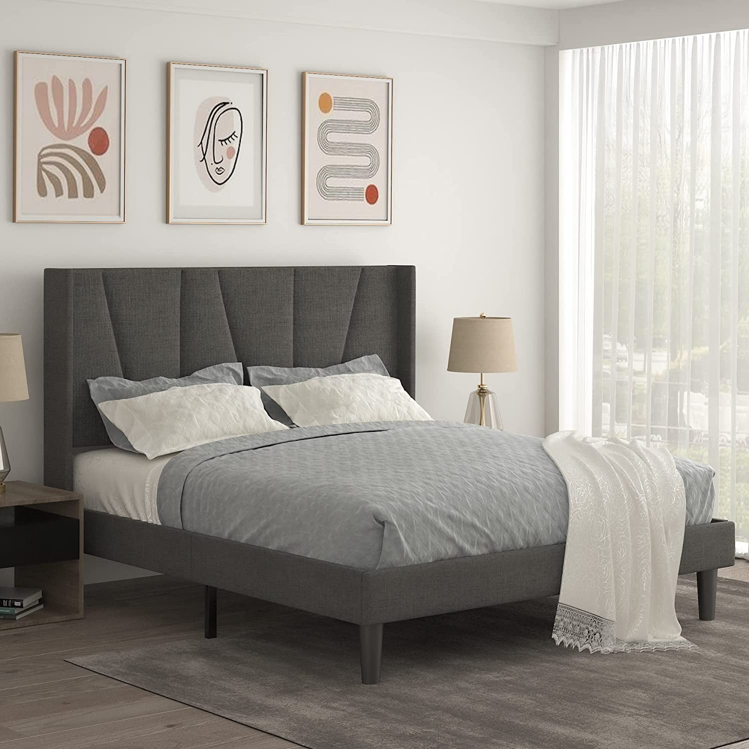 Allewie Queen Size Modern Platform Bed Frame with Upholstered Geometric
