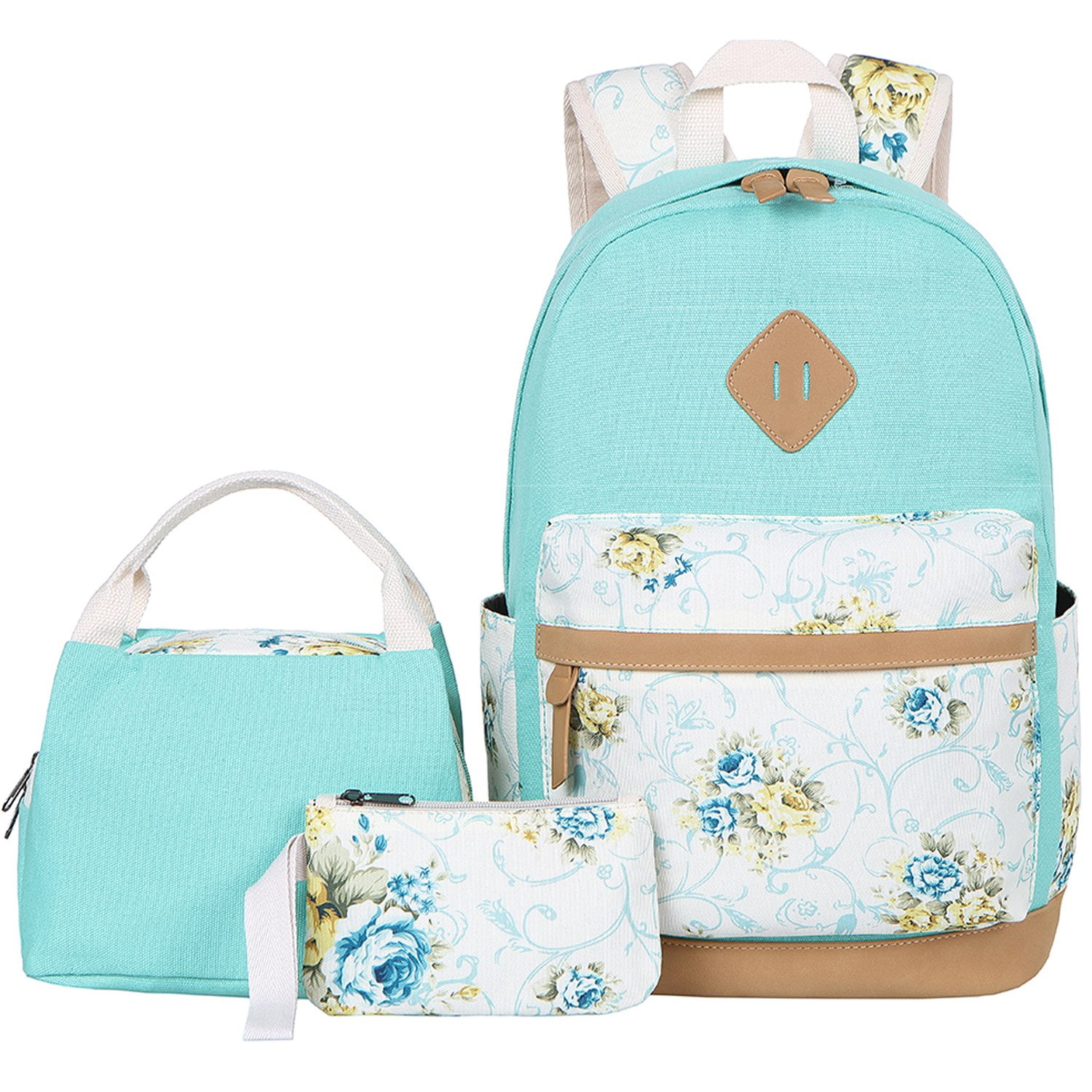 BLUBOON Canvas School Backpack Set 3 Pieces Lightweight Teen Girls Bookbags Insulated Lunch Bag Pencil Case Water Green flower Walmart