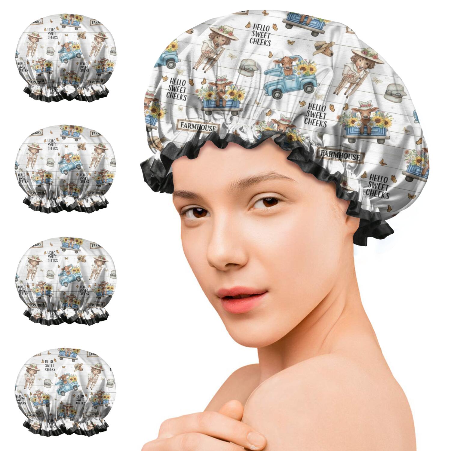 Shower Caps,White Highland Cow Blue Truck Pattern Waterproof Shower Cap for Women 4 Pieces,Double Reusable Hair Cover for Shower PEVA Elastic Stretch Hem