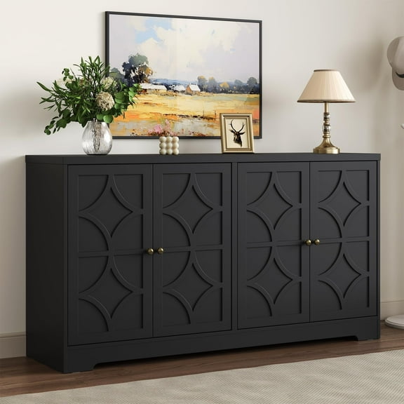 Heynemo Sideboard Buffet with Storage Cabinet, 56'' Modern Sideboard with 4 Doors and Adjustable Shelves, Accent Cabinet Coffee Bar Cabinet for Entryway, Dining Room, Living Room, Black