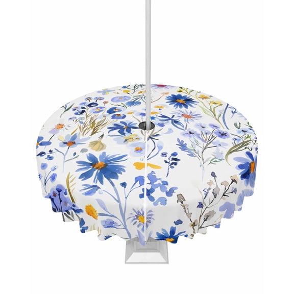 Hokiten Outdoor Tablecloths with Umbrella Hole & Zipper, Spring Floral Round Tablecloth 54 Inch, Blue Flowers Farm Pastoral Wildflowers Waterproof Table Cloth, Patio/Pool/Picnic Table Covers