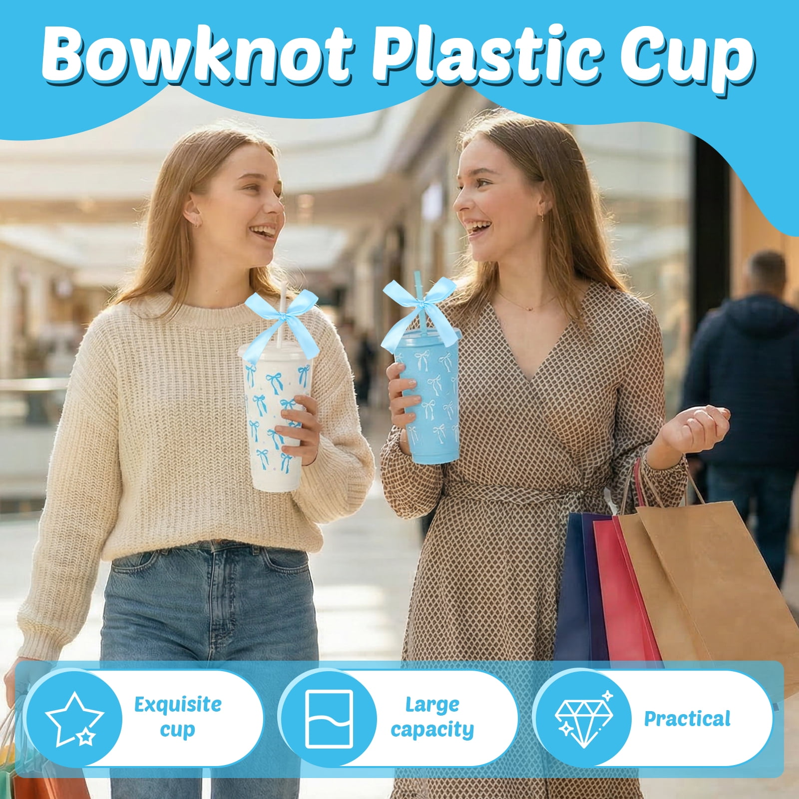 24 Pcs 24oz Bow Plastic Cup with Lid Straw and Ribbon Reusable Tumbler for Birthday Wedding Baby Shower Bridal Party Blue