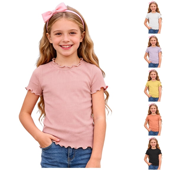 Pandaie 0-10 Years Toddler Girls' Short Sleeve Shirts Baby Girl Ribbed Lettuce Trim Basic Tops Crewneck Casual Summer Tees Blouse