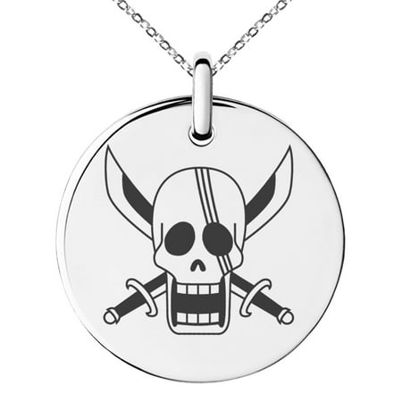 - Stainless Steel One Piece Red Hair Shanks Pirate Skull Flag Engraved Small Medallion Circle Charm Pendant Necklace