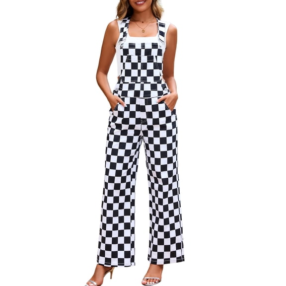 Overalls for Women Loose Fit Jumpsuit Checkered Pants Stretch Adjustable Straps Bib Coveralls(Black and White Checkered,M)