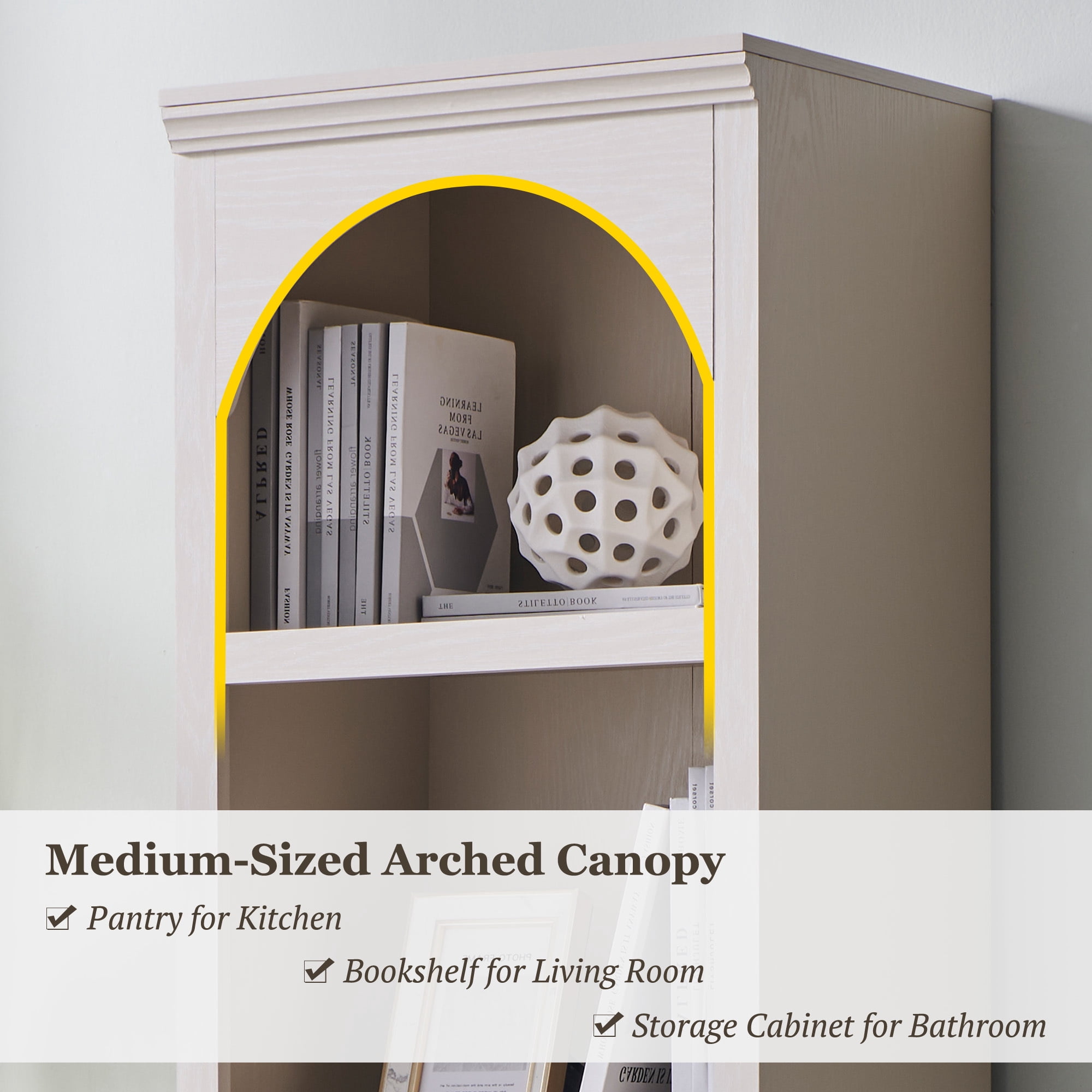 SinCiDo Tall Arched Bookcase, 5-Tier Narrow Bookshelf with Open Display Shelves for Living Room, Cream