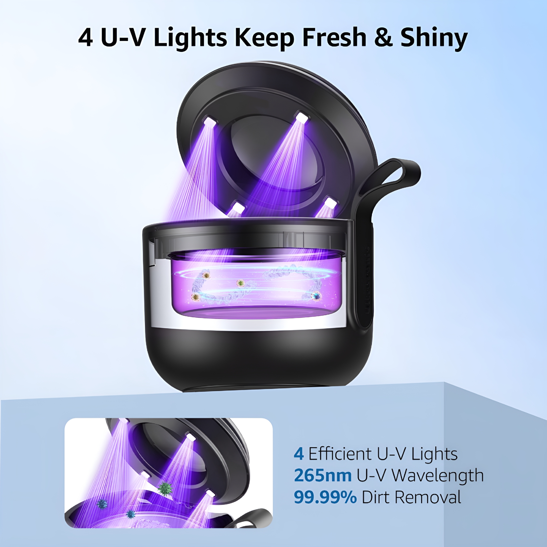 CURYMAY Ultrasonic Cleaner, 48kHz Rechargeable Cordless Jewelry Denture Cleaner Machine, 200ML Cleaning Pod for Jewelry, Rings, Glasses, Mouth Guard, Waterproof UV Cleaner with Digital Timer