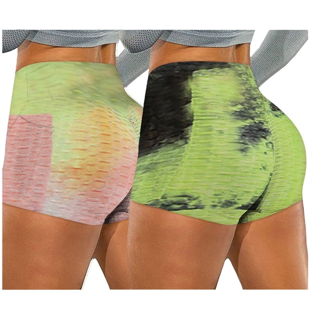 Gibobby Leggings cortos yoga mujer Running Yoga Biker Stretch Mujeres Shorts Pantalones Bolsillos Arrugado Tie-dye Fitness Yoga Pantalones(Verde,M)