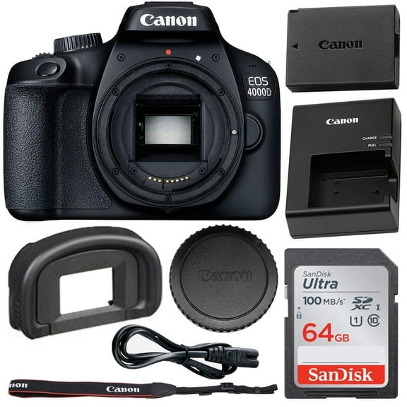Canon EOS 4000D (Rebel T100) DSLR Camera Body Only (No Lens) with Basic Starter Bundle; Includes: SanDisk Ultra 64GB SD Card and More