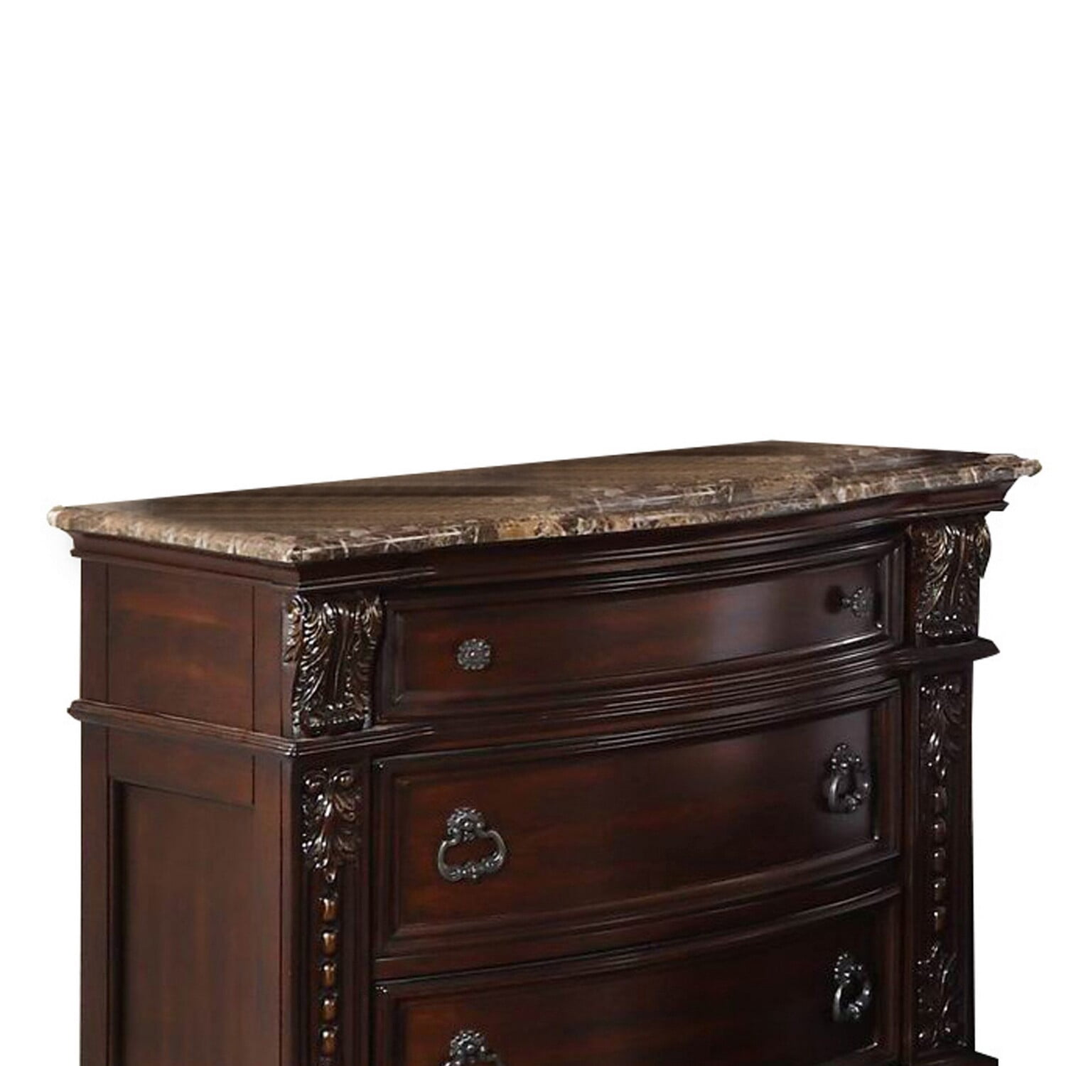 European Style Nightstand with 3 Drawers and Marble Top, Dark Cherry Brown- Saltoro Sherpi