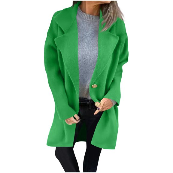 UYISJ Women's Wool Blend Winter Coat with Pockets Mid Long Open Front Warm Jacket Coat Lapel Collar Thick Wool Pea Coats Green L