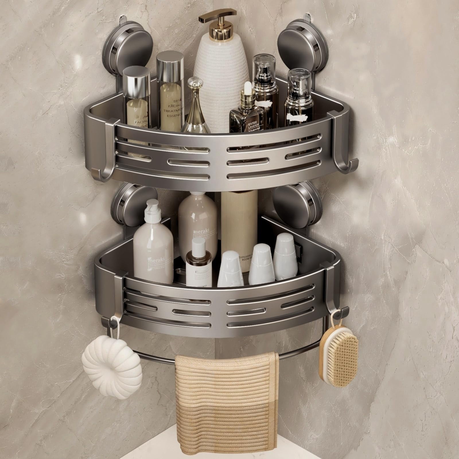 VEGCOO Tall 2-Tier Corner Shower Caddy with Suction Cups, No Drill Bathroom Organizer with Towel Bar and Hooks, Gunmetal Grey Shower Organizer for Bathroom, Kitchen Sink, Storage for Shampoo, Soap