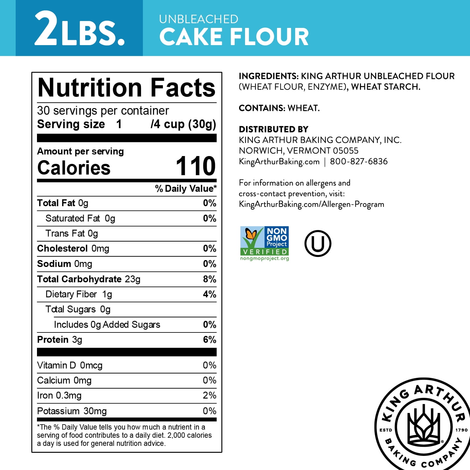 King Arthur Baking Company Non-GMO Project Verified, Preservative Free Unbleached and Unenriched Cake Flour, 2 lb Box