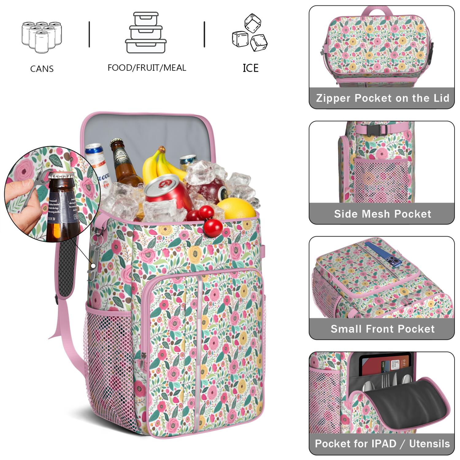 Travel Cooler Bag - Pioneer Flower Floral Print Pattern Camping Beer Cooler Backpack with Bottle Opener- Waterproof Insulated Picnic Backpacks - Cooler Bag for Beach
