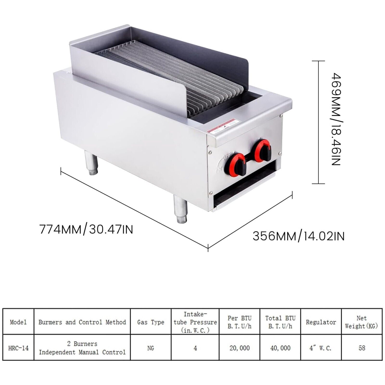 Hakka Brothers 14" Radiant Gas Charbroiler Commercial Gas Grill 2 Burners, 40,000 BTU, ETL Certified