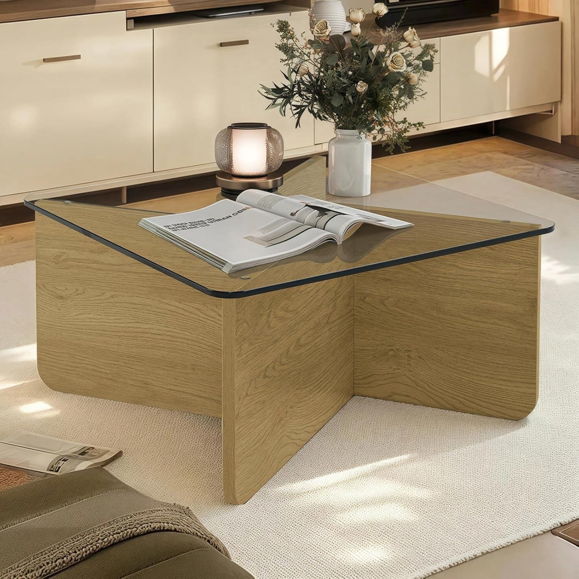 AENKYO Modern 31.5" Square Glass Coffee Table with Tempered Glass Top and Wooden X-Frame Base, Natural Color