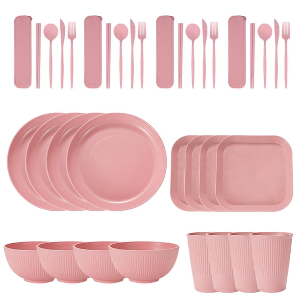 Nvzi Wheat Straw Dinnerware Sets, 36-Piece Plates and Bowls Sets, Cutlery, Microwave Safe Unbreakable Dinnerware for Parties, Picnic, College Dorm, Camping Light Pink