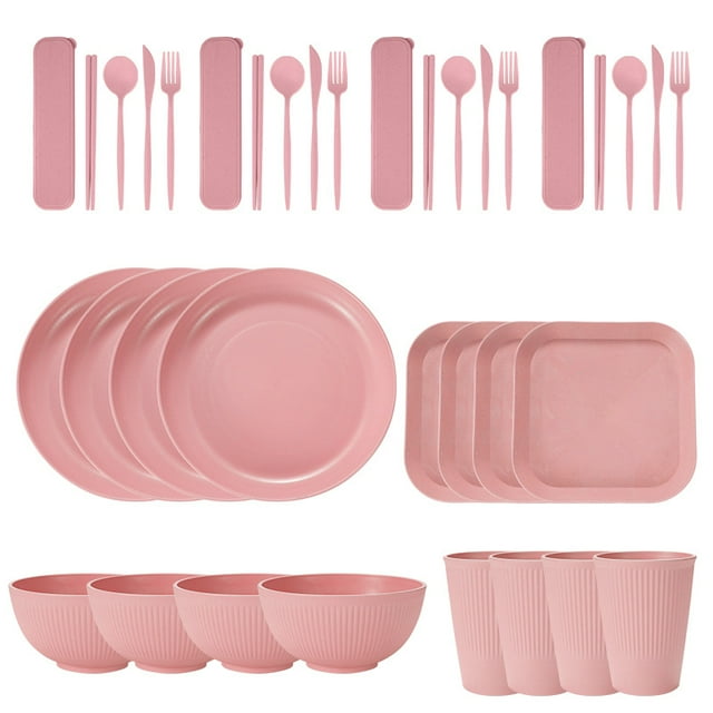 Nvzi Wheat Straw Dinnerware Sets, 36-Piece Plates and Bowls Sets, Cutlery, Microwave Safe Unbreakable Dinnerware for Parties, Picnic, College Dorm, Camping Light Pink