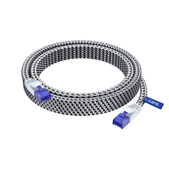 Cat 6 Ethernet Cable, 15 ft, Easy-Hide Flat Super-Durable White Braided Network LAN Internet Cable/Cord