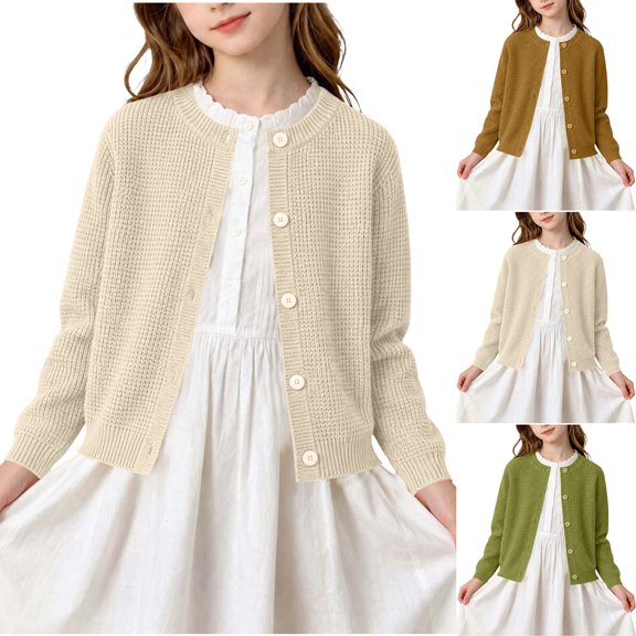 Agkizg Kids Girls Crew Neck Knit Cardigan Long Sleeve Lightweight Open Front Top with Pockets Solid Color Casual Comfortable Outerwear