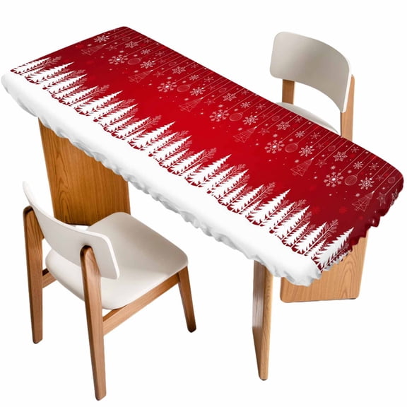 Red Christmas Snowflakes Table Cloths for 8 Foot Rectangle Tables, Xmas Balls Winter Pine Tree Patio Waterproof Elastic Fitted Tablecloths, Washable Rectangular Table Cover for Camping