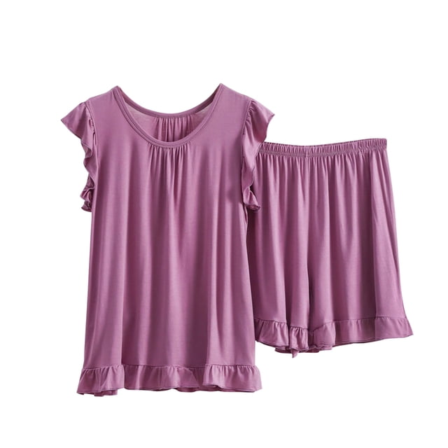 Timegard Womens Pajamas Sets Plus Size Round Neck Ruffle Cap Sleeve Top Wide Leg Shorts Loungewear Pjs Outfits