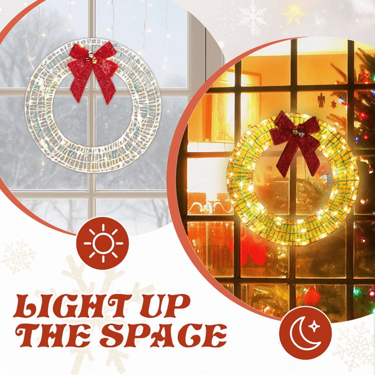 23.6in Christmas Lighted Wreath, 84 Warm White LEDs, Iridescent Finish, Collapsible for Indoor/Outdoor Use