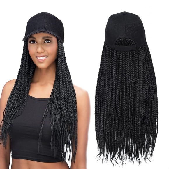Yunkang Gorra de béisbol trenzada Caja de peluca Extensiones de cabello trenzado con sombrero Peluca de gorra de pelo sintético de color negro con cabello trenzado negro de 18 pulgadas de largo para m