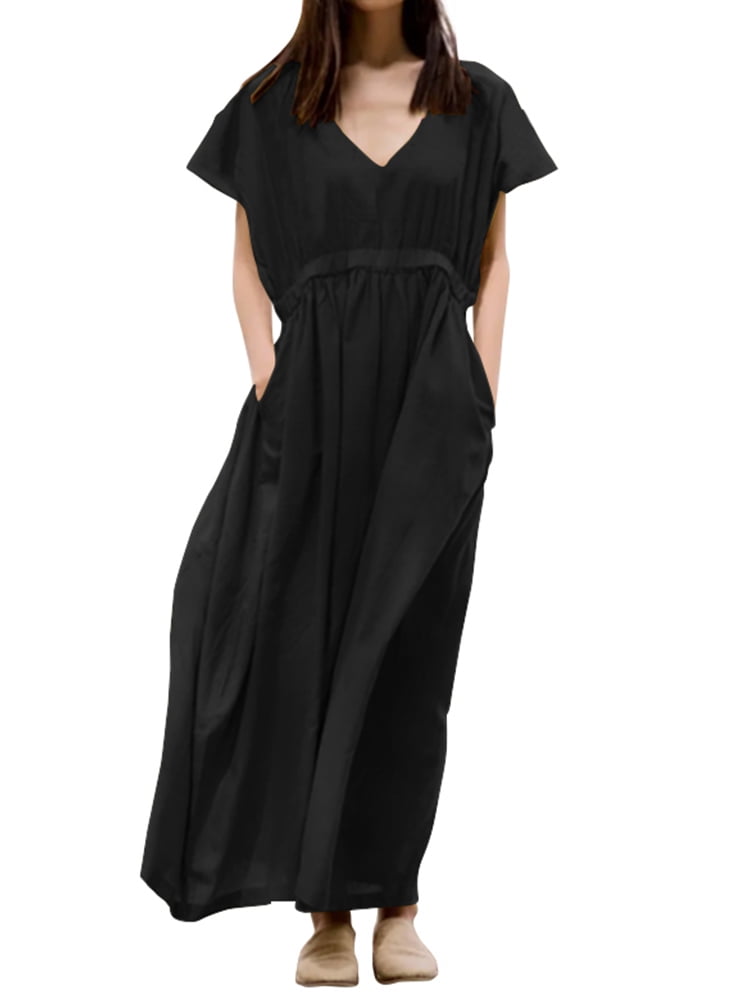 ZANZEA Plus Size Cotton Dress Women's Pleated Dress V-Neck Short Sleeve ...