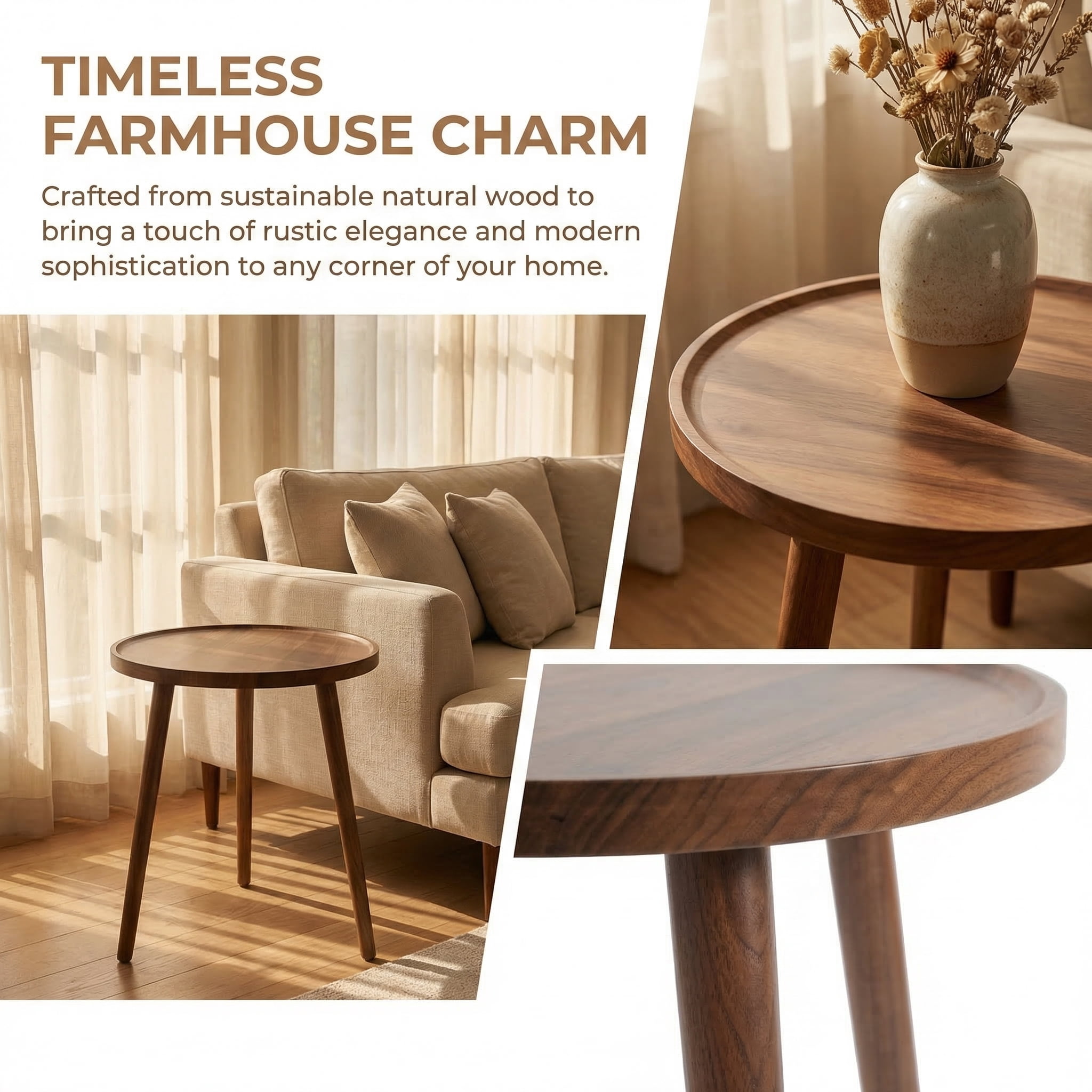 TEAFIRST End Table, Round Wooden Small Farmhouse Side Table for Bedroom, Living Room 16"x16"x19"
