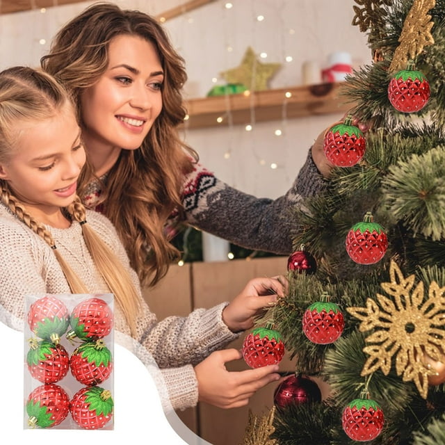 Set de Adornos Navideños Irrompibles | Forma de Fresas | Rojo | 6 Piezas | Plástico | 6 Cm | Decoración para Árbol de Navidad y Fiestas