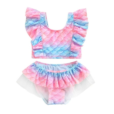 

stylesilove Toddler Kid Girls Ice Cream Printed Ruffle 2pcs Bikini Set Flutter Tankini Swimsuit Bathing Suit Beach Swimwear (4-5 Years Pink & Blue Mermaid)