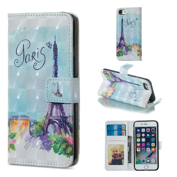 iPhone 7 Case Wallet, iPhone 8 Case, Allytech 3D Emboss Leather Flip Protective Case Cover & Credit Card Slots Pocket, Support Kickstand Slim Case for Apple iPhone 7 8 (Paris Eiffel Tower)